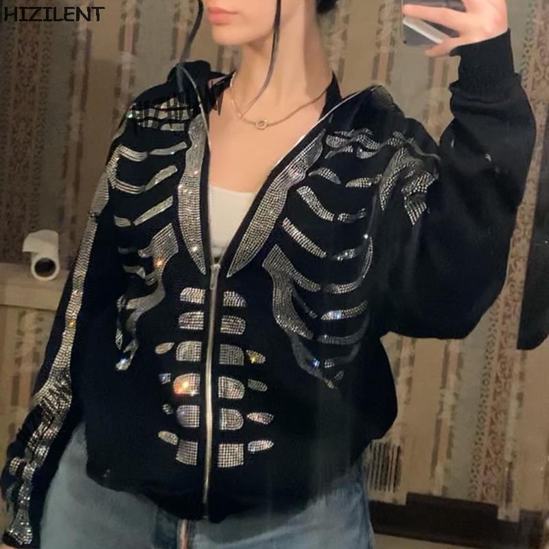 

Vintage Skull Emo Oversized Hoodie Female Zip Long Sleeve Women Sweatshirt Y2k Clothing Aesthetic Autumn Fairy Grunge 220401, Black