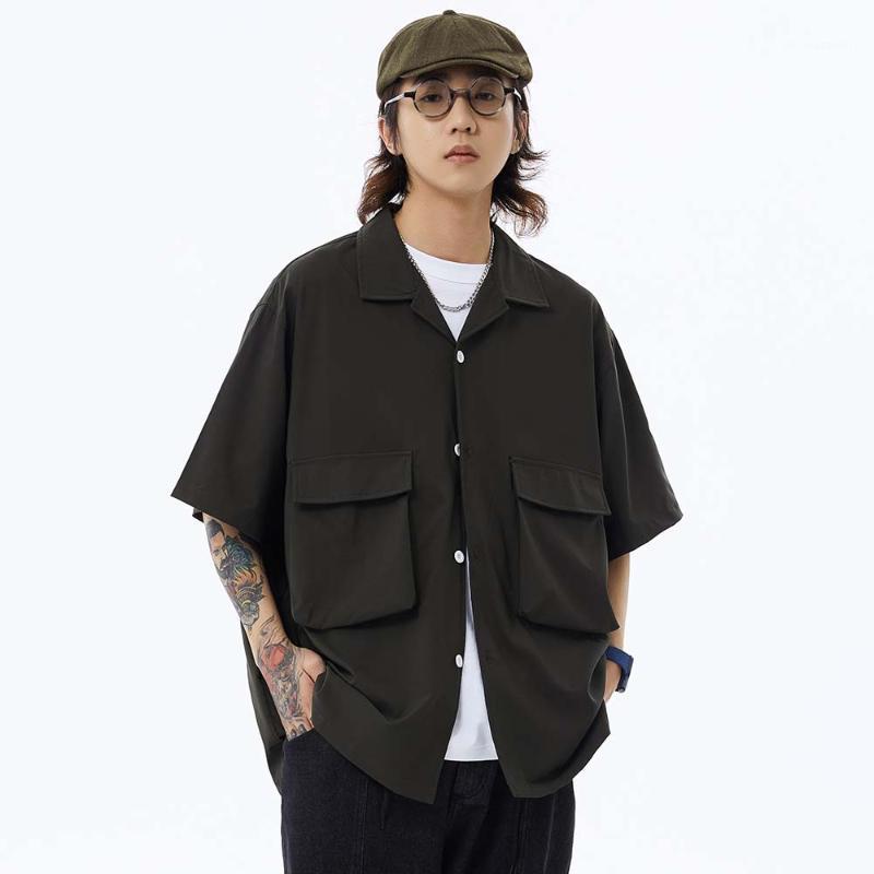 

Multi-pocket Solid Color Shirts Mens Summer Amekaji Casual Short Sleeve Shirt Safari Style Loose Half-Sleeve Men Men's, Khaki