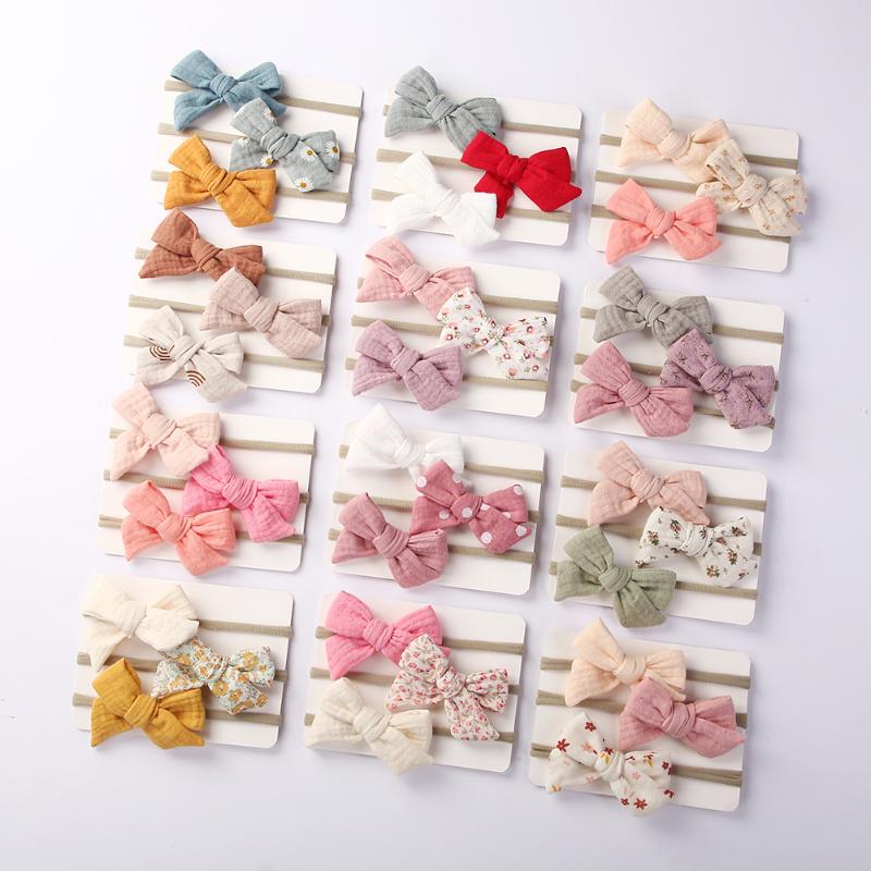 

Hair Accessories 12Sets/Lot Muslin Cotton Bow Tie Headband Born Girl Flower Print Nylon Safety Hairbands Korea Kids HeadwearHair