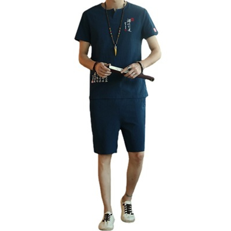

Summer Short Sets Men Casual Suits Cotton Linen Tracksuit Round Neck Male Outwear Sweatshirts Pure Color T Shirt+Pants Size -5XL, Khaki