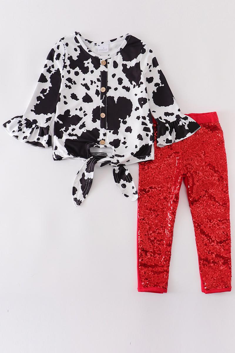 

Clothing Sets Girlymax Fall/Winter Baby Girls Cow Print Tie Knot Top Red Sequins Pants Set Children Clothes Boutique Outfits Kids, White