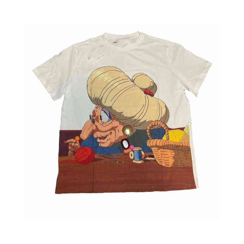 

Designer fashion Loe money grandma print soup Beige ins style short sve T-shirt, White