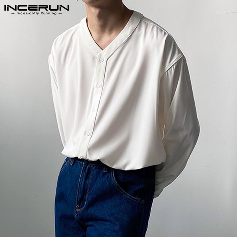 

Mens Vintage Solid Color Shirts INCERUN Long Sleeve V Neck Blouse Casual Button Comfortable Blusas Spring Male Loose 5XL Men, Black