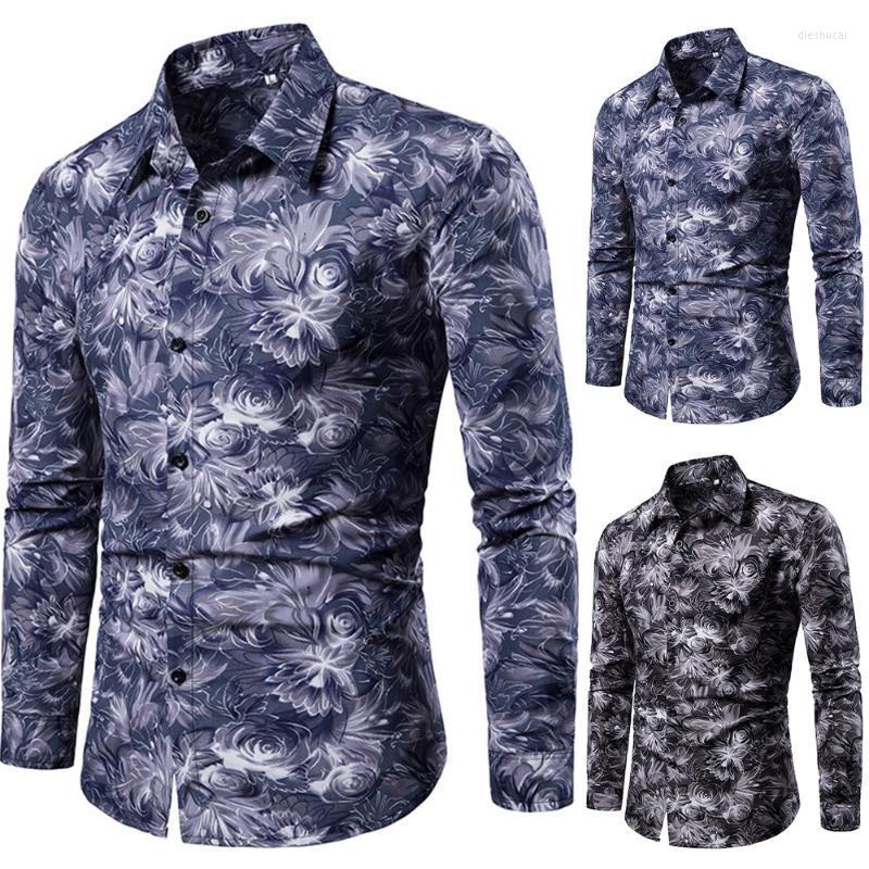 

Men's Casual Shirts Winter Autumn Oversize Mens Long Sleeve Floral Printed Lapel Shirt Slim Fit Button Down Party Blouse, Black