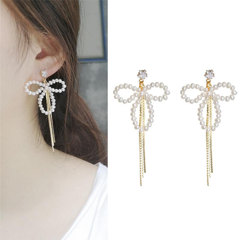 

Dangle & Chandelier Creative Fashion Autumn 14K Gold Injection Fresh Water Pearl Earrings Women's Sweet Tassel Bowknot Drop WholesaleDan