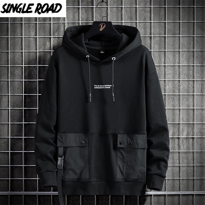 

Single Road Mens Hoodies Pockets Teachwear Harajuku Sweatshirt Hip Hop Japanese Streetwear Casual Oversized Hoodie 220406, Black hoodie men