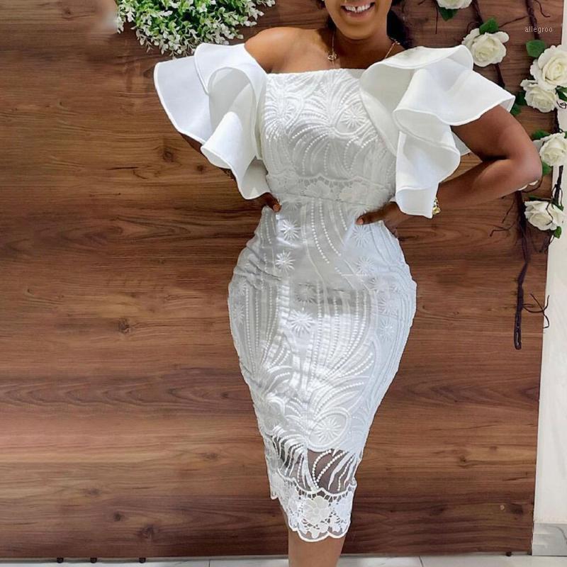 Party Dresses Elegant White Dress Classy Lace Bodycon Pencil High Waist Women Office OL Clothes African Short Sleeve Ruffle Midi