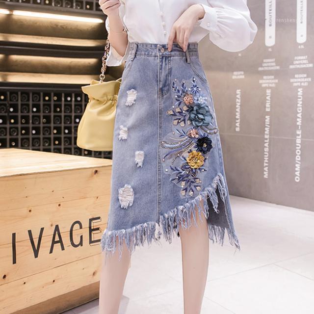 

Skirts Floral Applique Ripped Denim Skirt Knee Length Womens Asymmetrical Pencil Jean Ladies Split Midi Plus Size 2XL 3XL, Blue