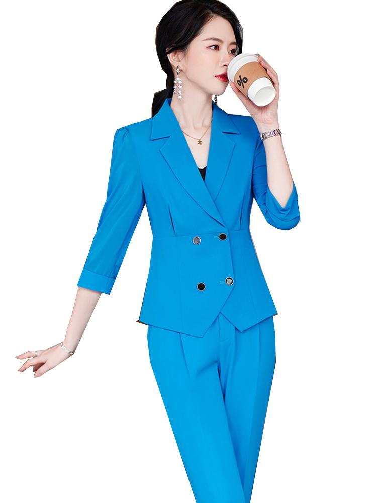 Women's Two Piece Pants Fashion Women Ladies Slim Pant Suit Black White Blue Half Sleeve Blazer And Trouser Business Work Wear 2 Set For Sum