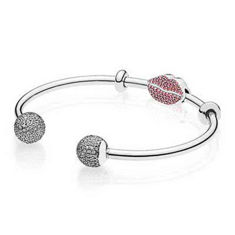

NEW 925 Sterling silver SPARKLING KISS OPEN BANGLE GIFT SET Clear CZ fit DIY Original charm Bracelets jewelry A set of prices AA220315