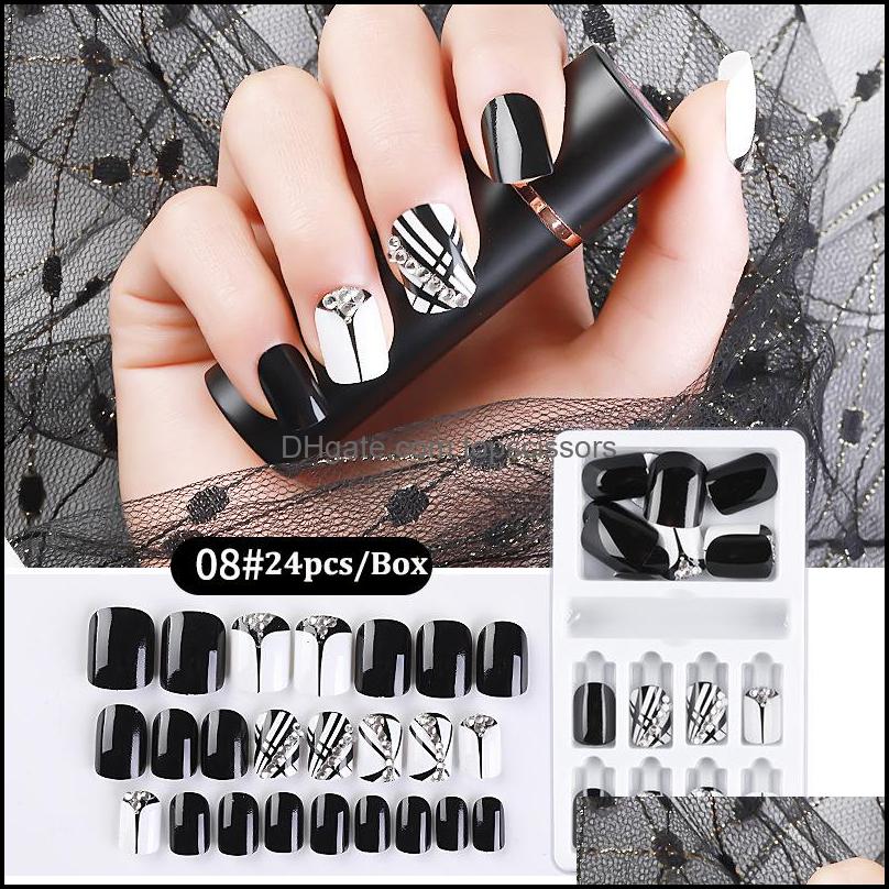 

False Nails Nail Art Salon Health Beauty 24Pcs Fake Lattice Grid Heart Design French Mtiple Colors Reusable Tips Press On With Glue Sticke, F677