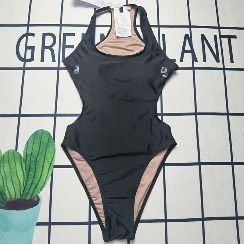 

One Piece Women Black Swimsuit Textile Letter Rhinestones Swimwear Elastic Waist Shaping Bodysuit Ladies Beach Bathing Suit, As pic