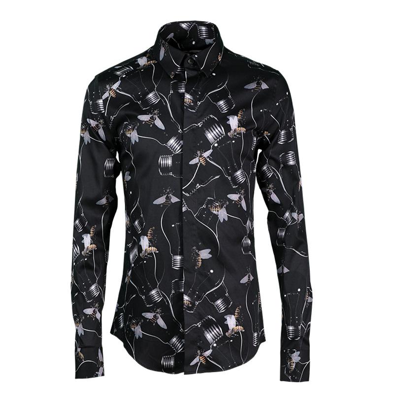 

Men's Casual Shirts Minglu Bee Printed Men Shirt Fashion Allover Long Sleeve Dress Camisa Masculina Mens Slim FitMen's, Black