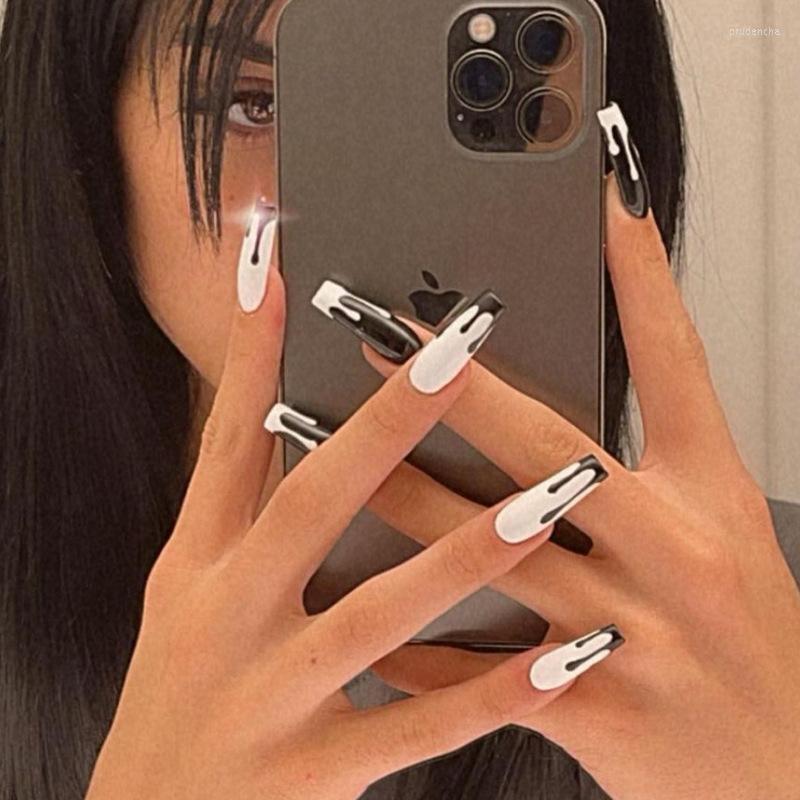 

False Nails Black And White Liquid Design Long Ballerina Press On Fake W048 Prud22