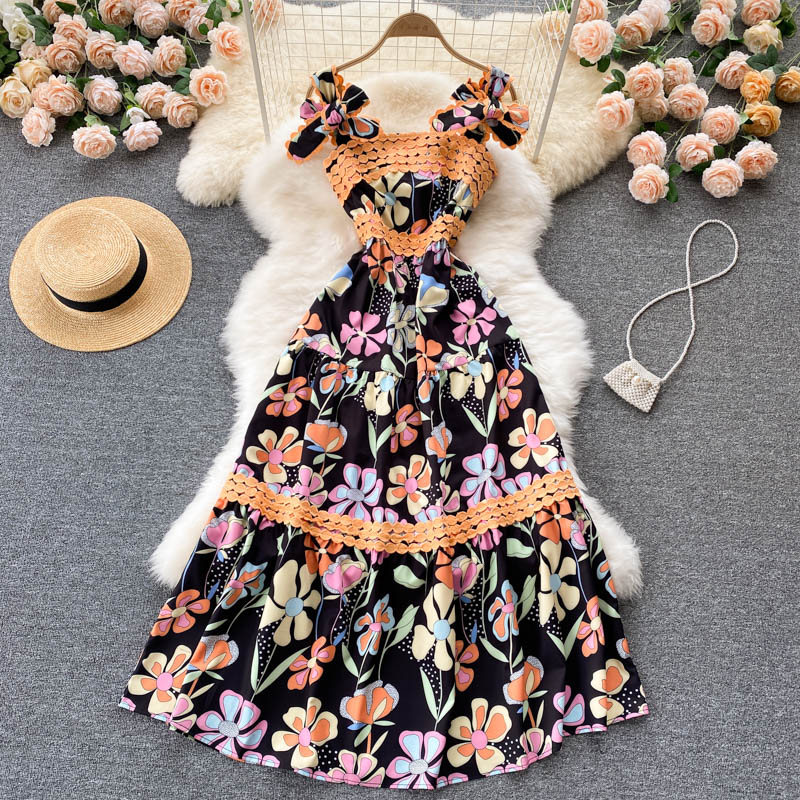 

pring Summer Print Floral Vintage Dress Women Sleeveless Spaghetti Strap Backless Long Dress Elegant Evening Party Robe Dresses 2022, Same as picture