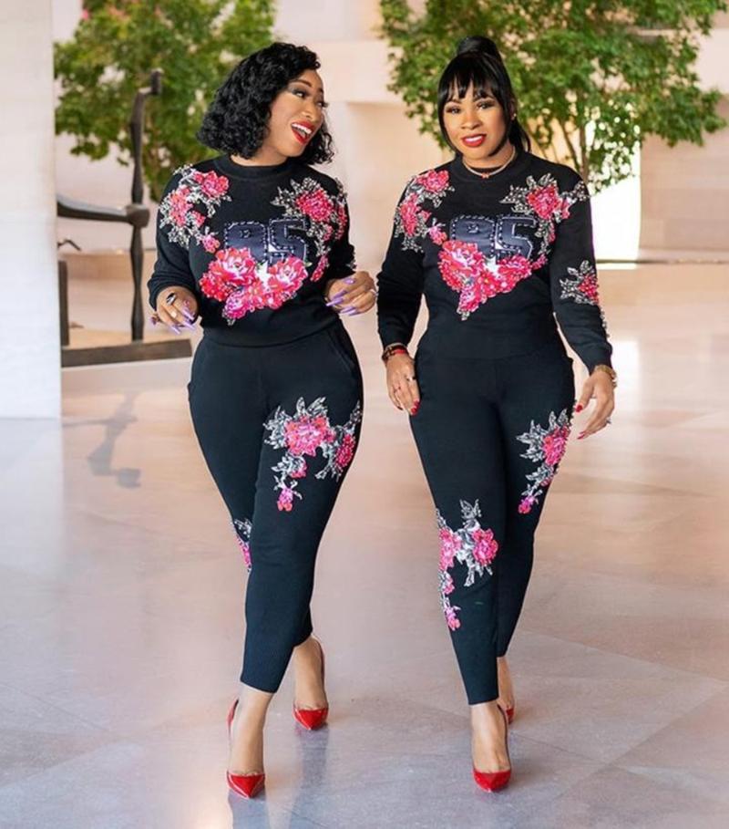 

Women' Two Piece Pants Winter Trade Pantsuit Printed Round Neck Pullover Large Size Black Long Sleeve Two-Piece SetWomen