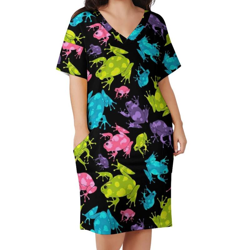 

Plus Size Dresses Multicolor Frog Casual Dress Summer Watercolor Splash Funny Animal Vintage Womens V Neck Pattern Basic SizePlus, Style-6