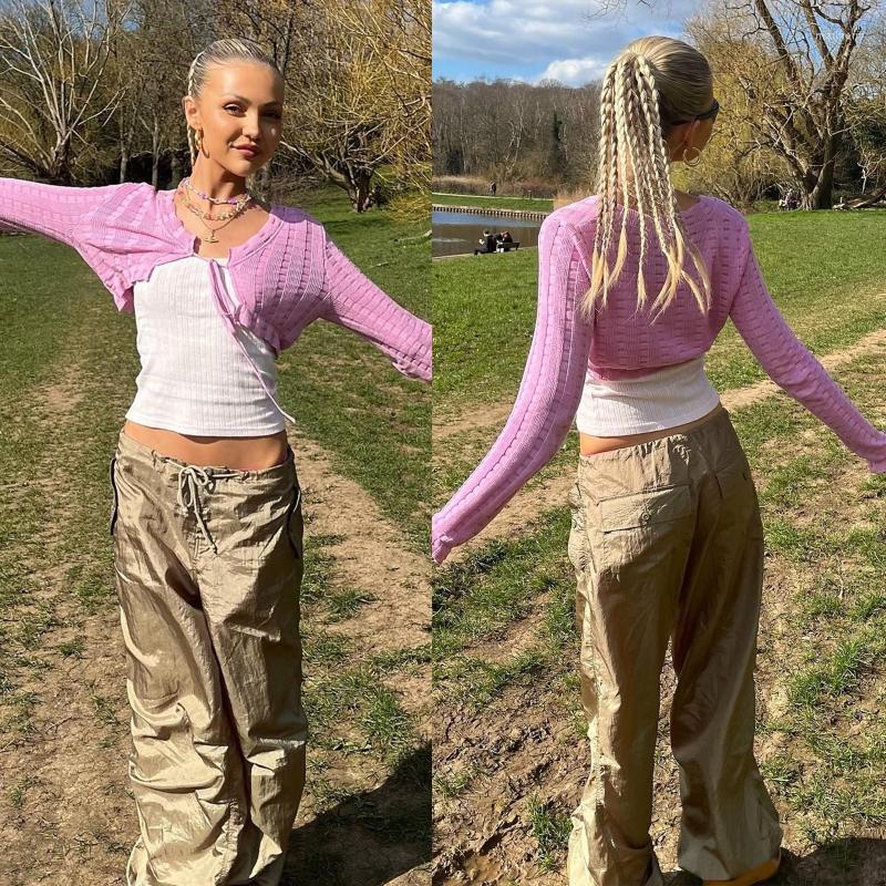 

Women' Knits & Tees Womens Knit Crochet Cardigan Sweater Y2k Crop Top Long Sleeve T-Shirt Lace Up Summer Sun Protection Clothes StreetwearW, Purple