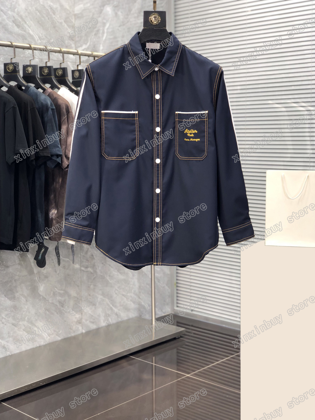 

22ss Men Women Designers Casual Shirts Golden cursive print long sleeve Streetwear xinxinbuy black M-2XL, Blue