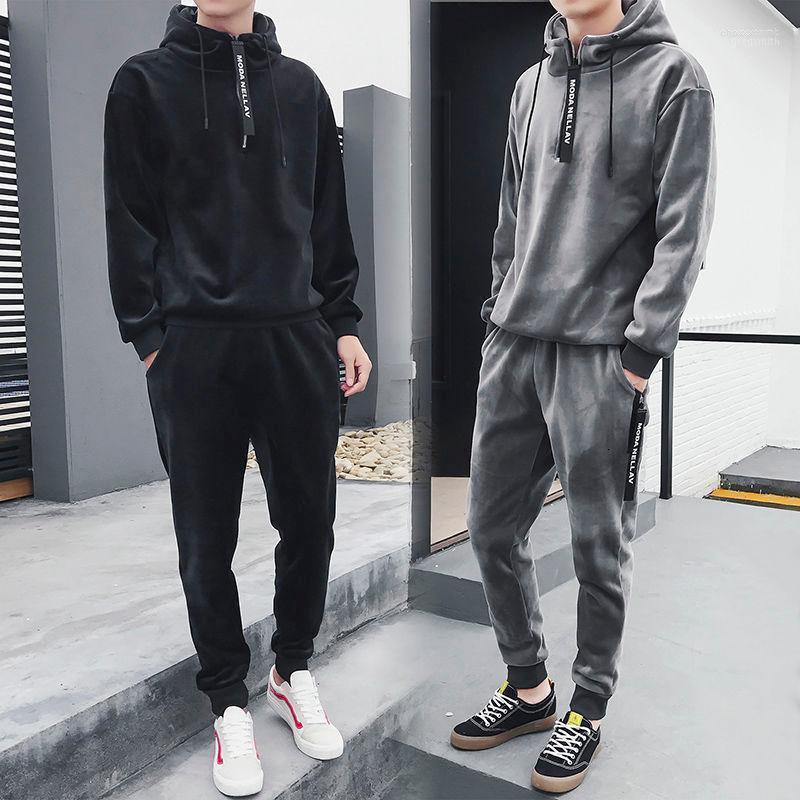 

Men's Tracksuits Fashion Soft Velvet Hoodie Tracksuit Men Two Piece Set 2022 Autumn Winter Loose Lusterous Breathable Zipper Warm Hood, Black