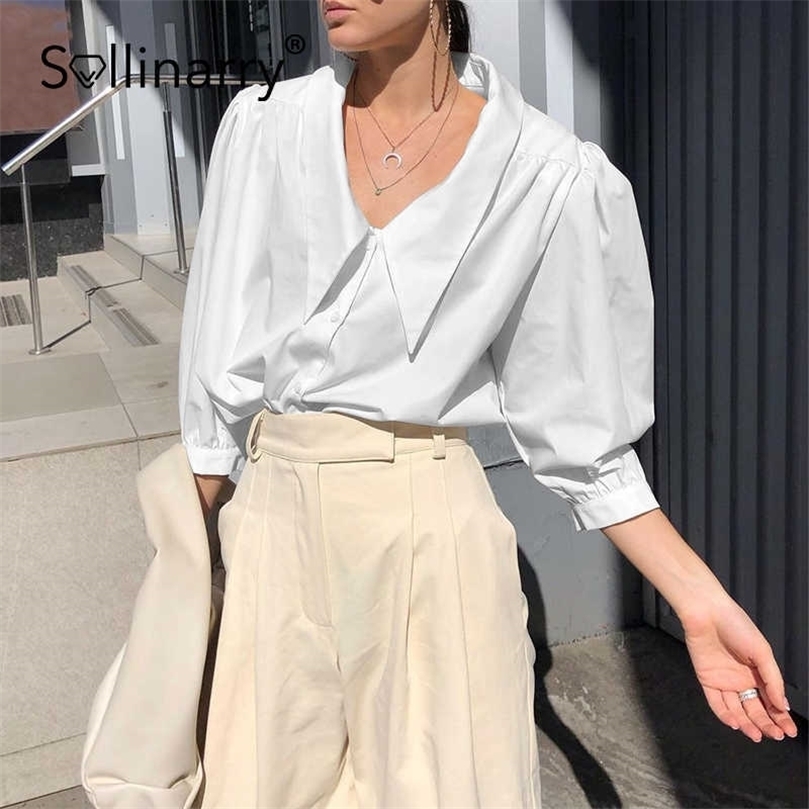 

Sollinarry Cotton doll collar solid women blouse Chic office Spring puff sleeve tops High street casual shirt 210709, Blue