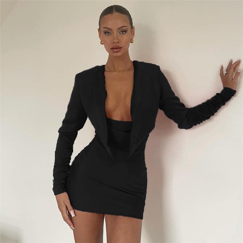 Casual Dresses Adogirl Pile Collar Full Sleeve Bodycon Mini Women Soild Color Party Night Club Outfits Female Clothing Streetwear-image-766111288