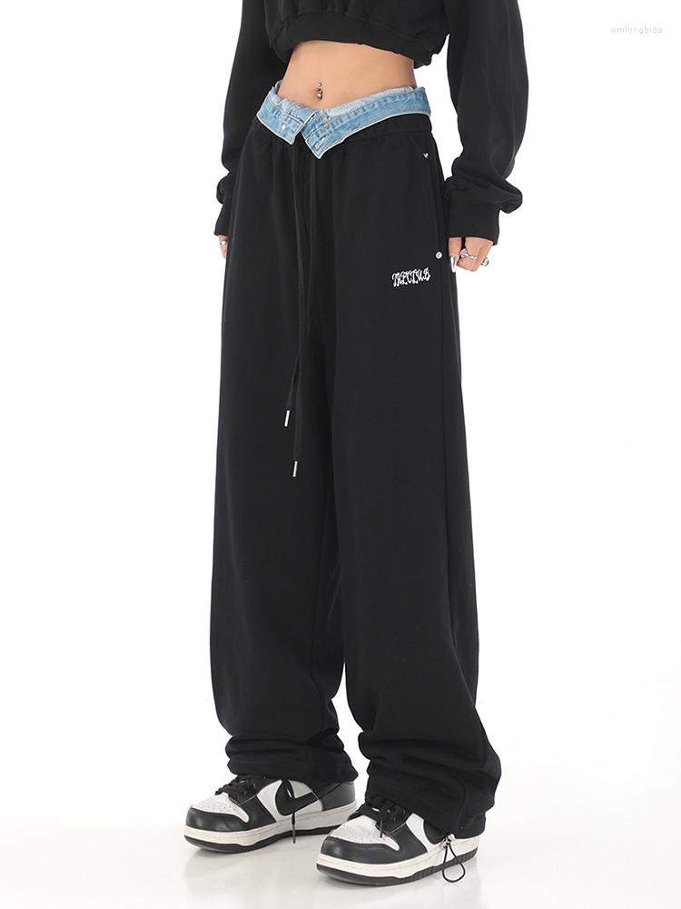 

Women's Pants Drawstring Tie Up Patchwork Women Chic Sweatpants 2023 Autumn High Waist Loose Wide Leg Trousers Straight Lady Sport Style, Black