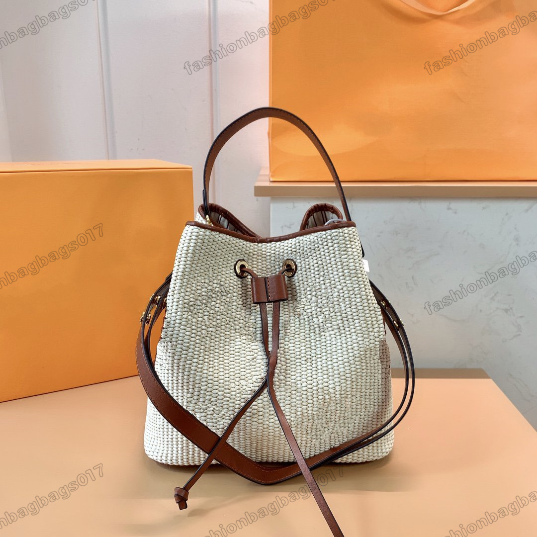 

Neonoe Bucket Bag MM Designer Raffia Woven Textile Womens Drawstring Shoulder Bag Monograms Caramel Tan Beige Jacquard CrossBodys Wallet Handbag Tote