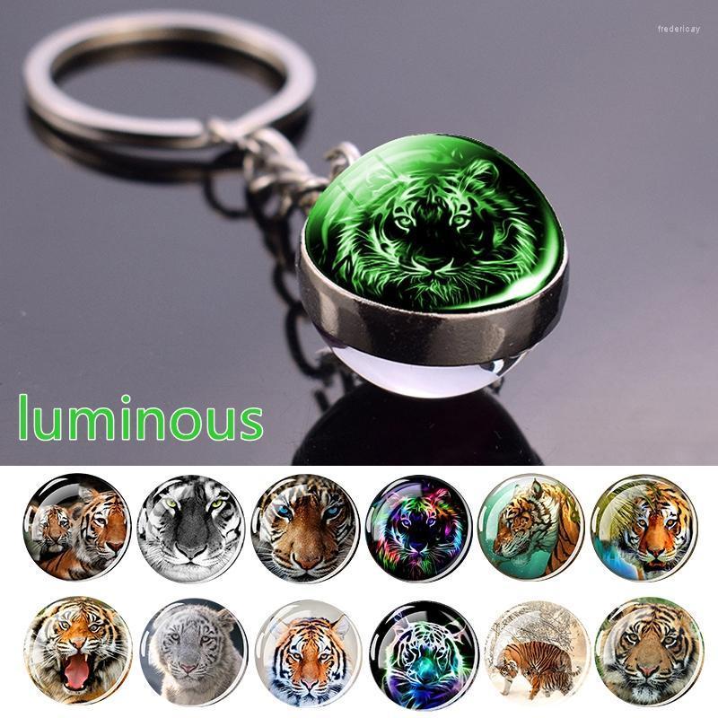 

Keychains Glow In The Dark Tiger Keychain Double Side Glass Ball Key Chain Luminous Animal Ring Jewelry Fred22