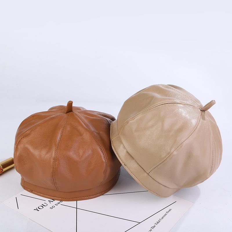 

Berets Women Beret Hat PU Leather Pumpkin Autumn And Winter Octagonal Retro Painter HatBerets, Black