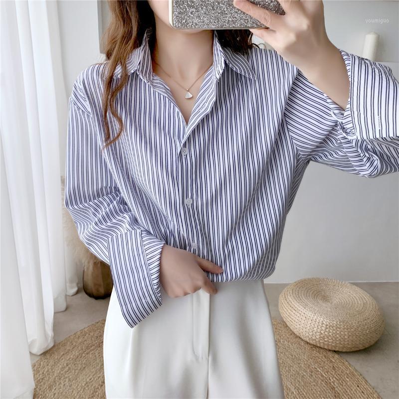 

Women's Blouses & Shirts Spring And Summer Stripe Shirt Long Sleeve All-Match Loose Temperament Tops For Women Ladies, Blue