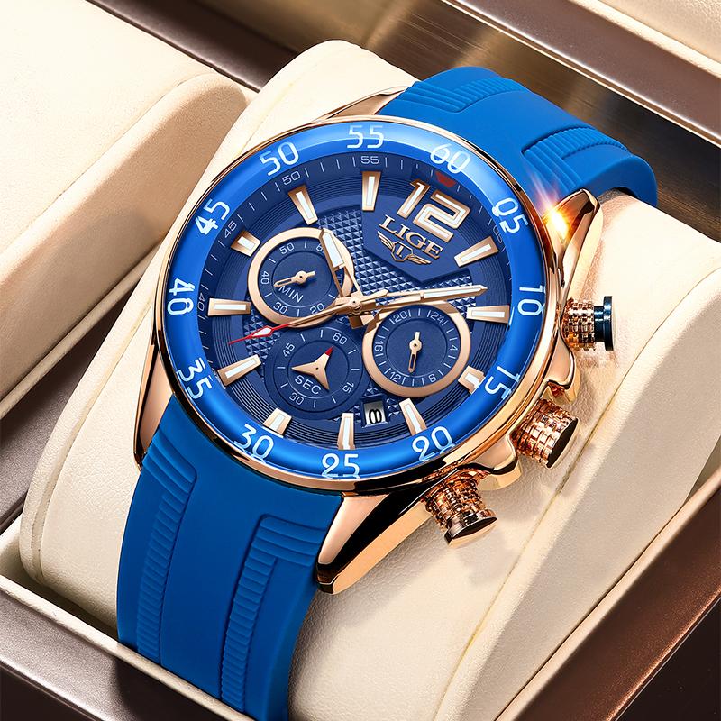 

Wristwatches Luxury Business Men Watch Top Brand Fashion Chronograph Quartz Date For Waterproof Clock Male DropWristwatches, Brown gold blue