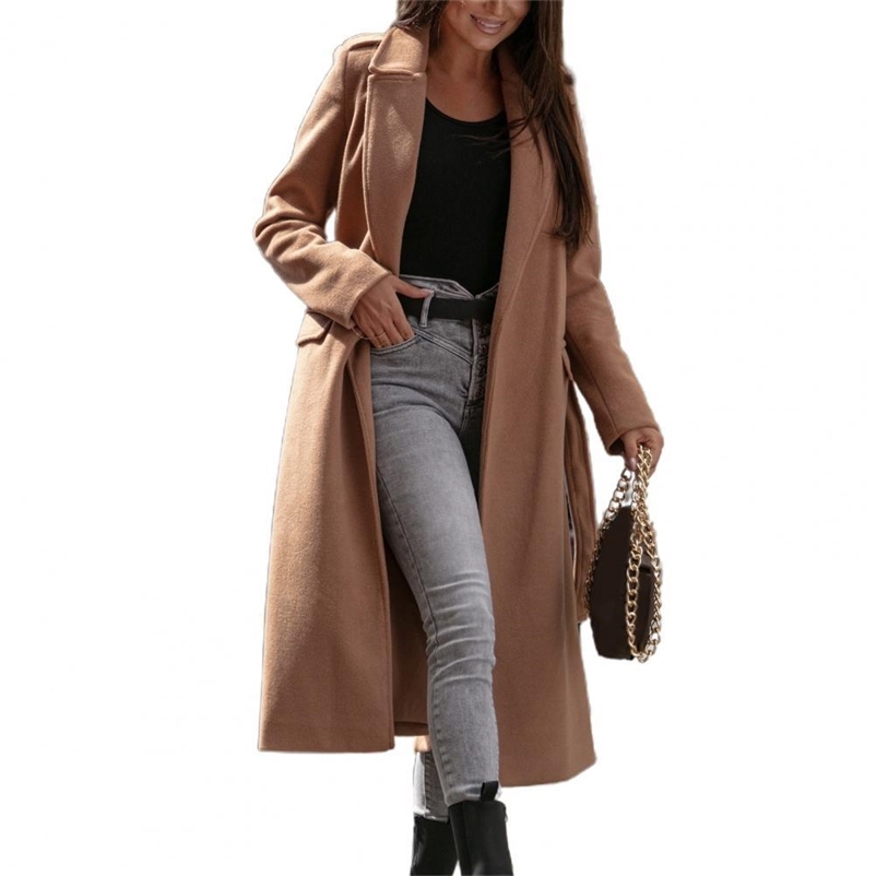 

Women' Wool Blends Stylish Lady Solid Long Wool Coat Batwing Long Sleeve Elegant Office Jacket Female Turn Down Collar Casual Coat Women 220826, Khaki