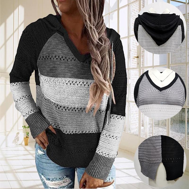 

Women' Sweaters Knitted Sweater Hoodies Women Long Sleeve V-Neck Hooded Sweatshirt Casual Patchwork Striped Elegant Vintage Pullover Croche, Dark red-3