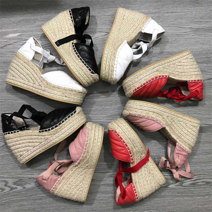 

2022 Summer Designer Women Sandals Dress Shoes Espadrille Strap Round Wedge Heel Heels Fashion Genuine Leather Fisherman Wedding Dress Party Shoe, Black