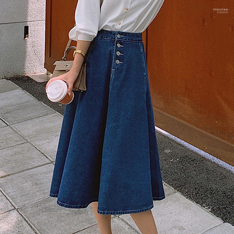 

Skirts Casual A-Line Denim Women 2022 Summer High Waist Buttons Long Jeans Plus Size England Style Jupe Femme, Blue