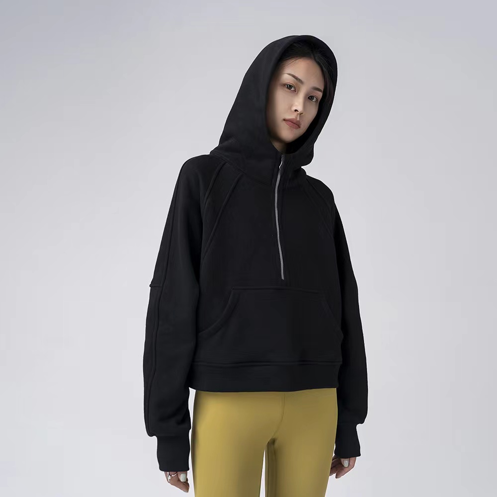 

Women Sport Jacket half Zipper Yoga Coat Clothes LU Quick Dry Fitness Outfits Running Hoodies Thumb Hole Sportwear Gym Workout Hooded Top, Black