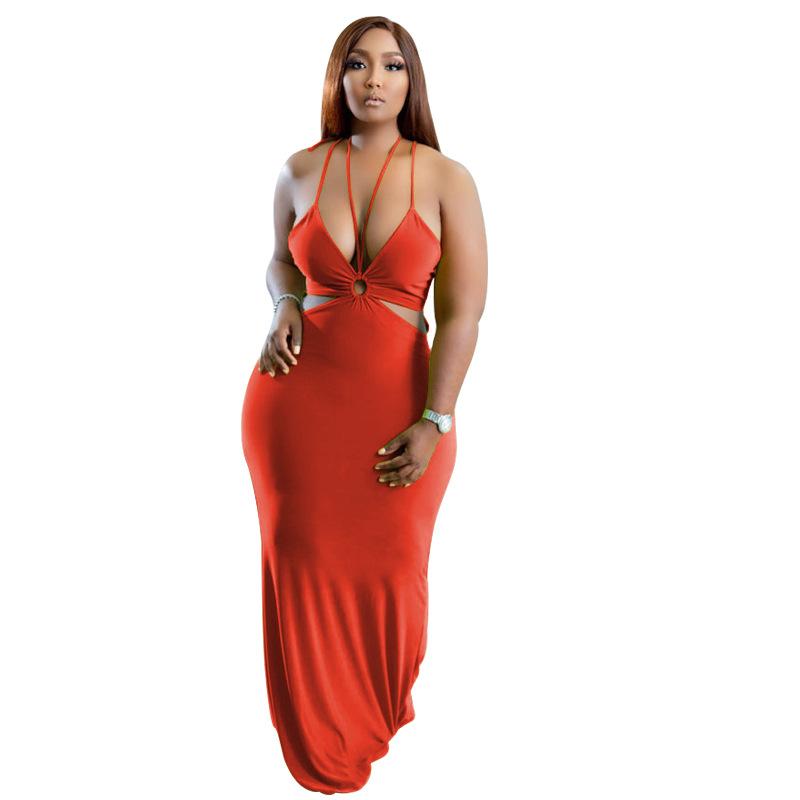 

Plus Size Dresses -5XL Women Long Dress Summer Spaghetti Strap Bodycon Sexy V Neck Backless Lace Up DressPlus, Black