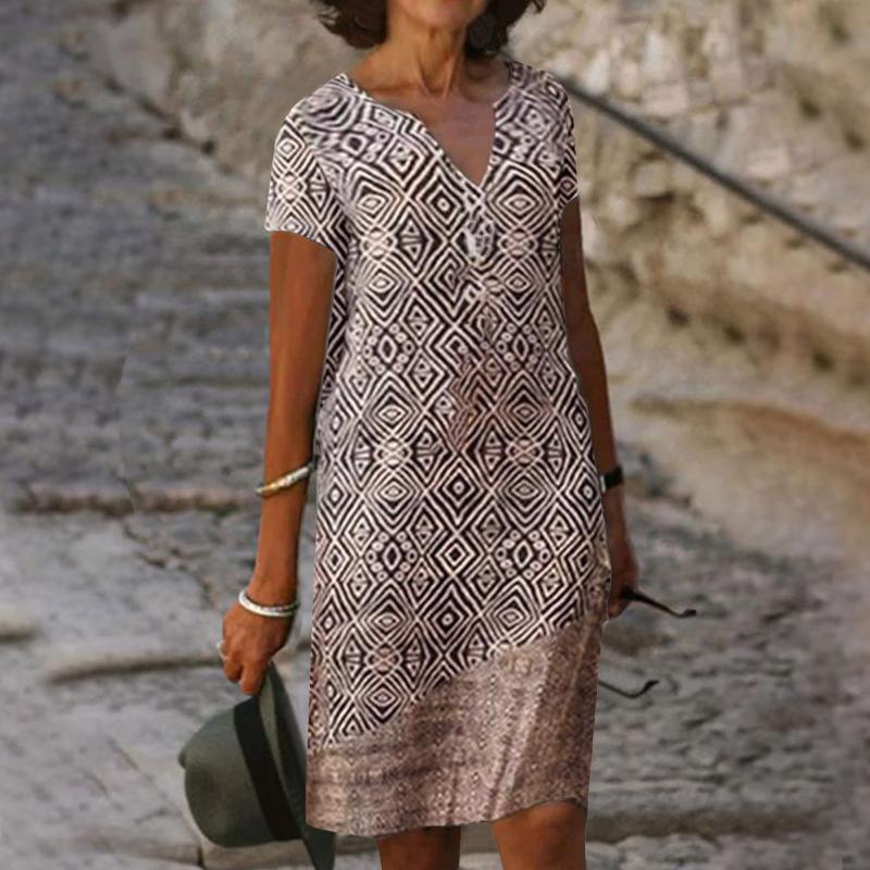 

Party Dresses Short Sleeve Vintage Tropical Leaf Summer Women Dress 2022 V-Neck 50 60 Years Old Lady Knee-Length Boho T-Shirt, Green