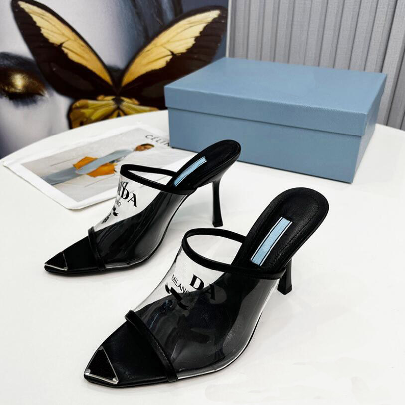 

Designer Women Slippers Triangular Buckle PVC Transparent film High Heels Slippers Female Summer P Genuine Leather Stiletto High-heeled Pointed Toe Sandals, Box