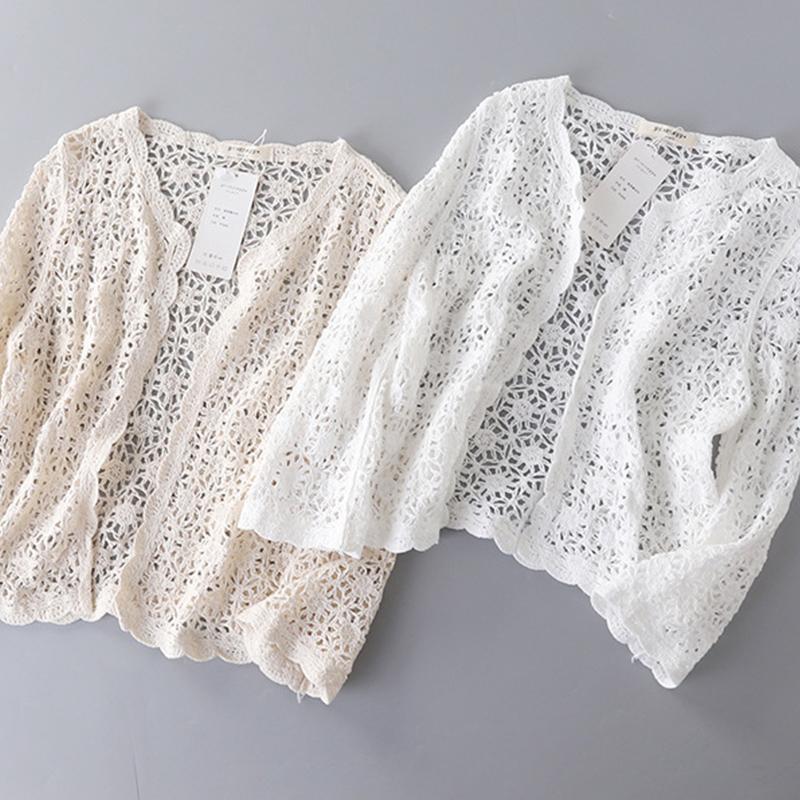 

Women's T-Shirt Summer Sunflower Cotton Hollow Out Women Solid Color Three Quarter Seeved Lace Beach Shawl Cardigan Tops Tees U524Women's, Beige