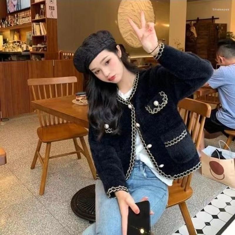 

Women's Knits & Tees Mink Cashmere Loose Sweater Cardigan Jacket Women Autumn Winter Short Bright Silk Stripe Thicke Knitted Top Coat E169Wo, Black