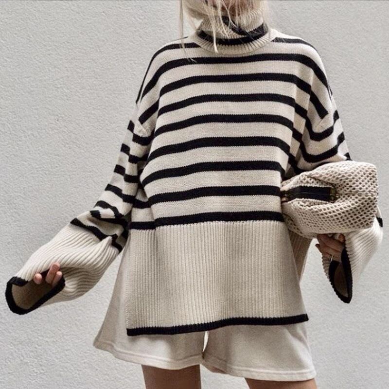 

Toteme High Collar Wool Blend Striped Sweater Black/Light Sand Tees, White