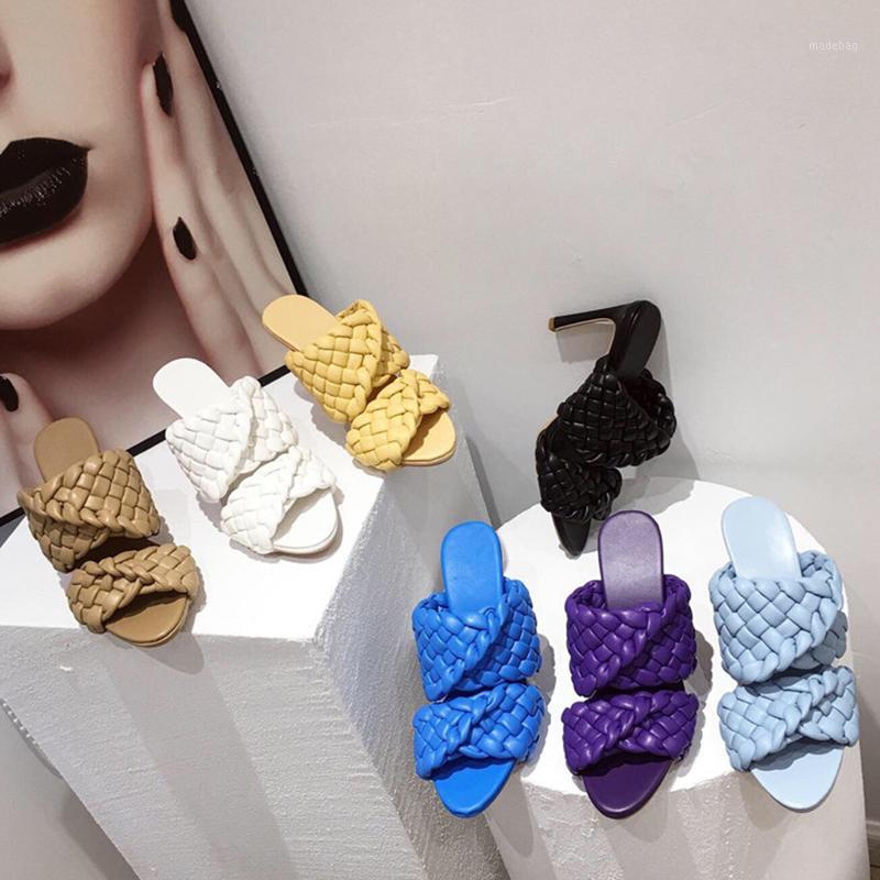 

Luxury Women High Heels Slides Mules Summer Quality Weave Open Candy Color Blue Purple Slippers Plus Size Shoes, Black