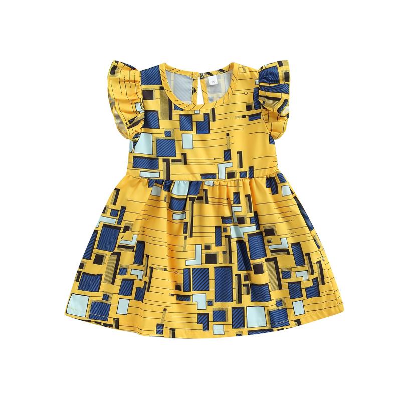 

Girl's Dresses 2022 0-5Y Fashion Kids Girls Summer A-line Dress Geometric Line Pattern Contrast Color Sleeve Casual Sundress, Red;yellow