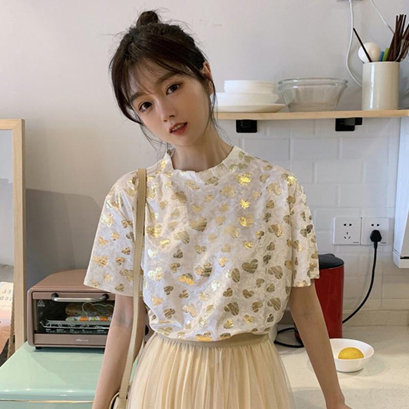 

Women's Blouses & Shirts Harajuku College Style Short Sleeved Summer Shirt Loose Korean 2022 Love Sequin Hip Girls Women, Black