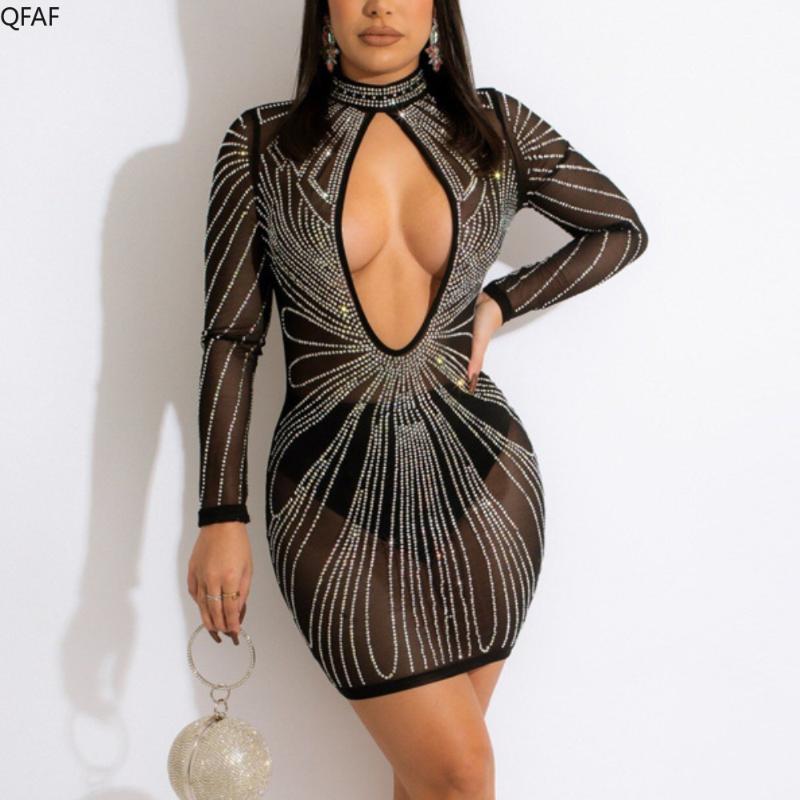 

Casual Dresses QFAF Women Diamonds Cut Out Front Backless Black Long Sleeve Mesh Bodycon Midi Dress Sexy Party Club Night Pencil, Black;gray