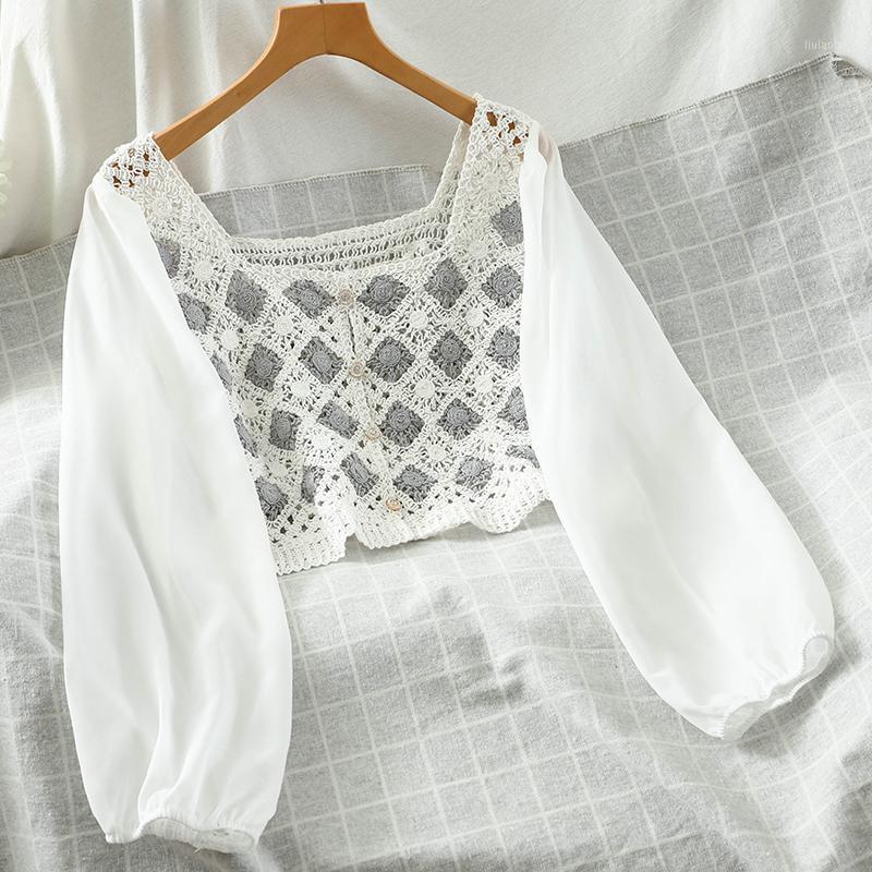 

Women Fashion Style Square Collar Casual Short Blouse Shirt Woman Retro Long Sleeve Elastic Chic Blouses Tops Women's & Shirts, White