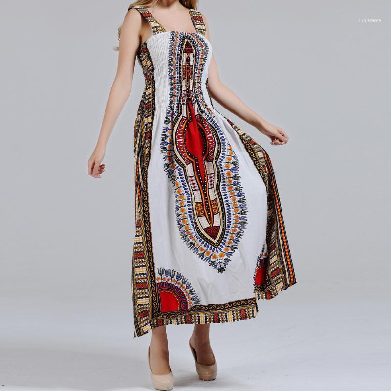 

Ethnic Clothing Dashiki Dresses Sexy Lady High Quality Cotton Colorful Print Spaghetti Strap Elegant Long Robe Casual Free Size Vintage