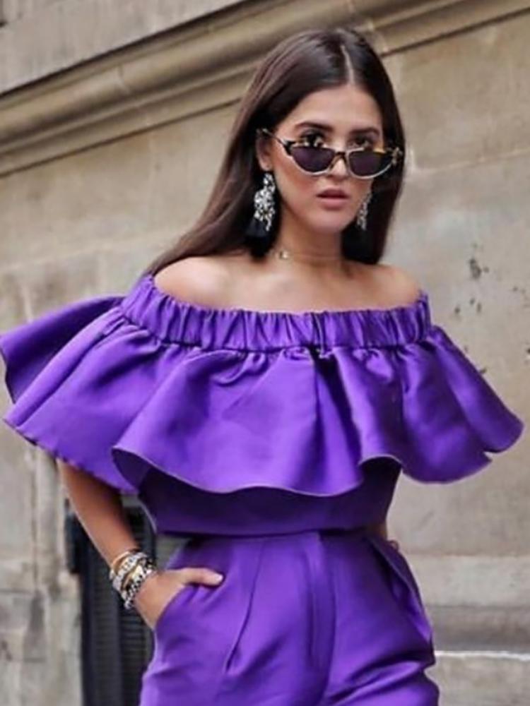 

Women' Blouses & Shirts Sexy Off Shoulder Backless Women Big Ruffles Butterfly Sleeve Slash Neck Crop Tops Party Fashion Evening Clubwear F, Purple